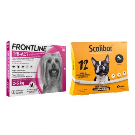 Pack Super Protezione: collare Scalibor 48 cm + Frontline Tri-Act 3 pipette (2-5 kg) per cani mini