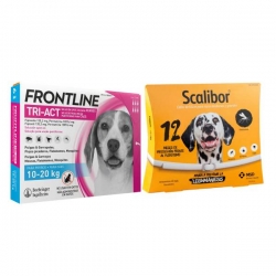 Pack Super Protezione: collare Scalibor 65 cm + Frontline Tri-Act 3 pipette (10-20 kg) per cani di taglia media